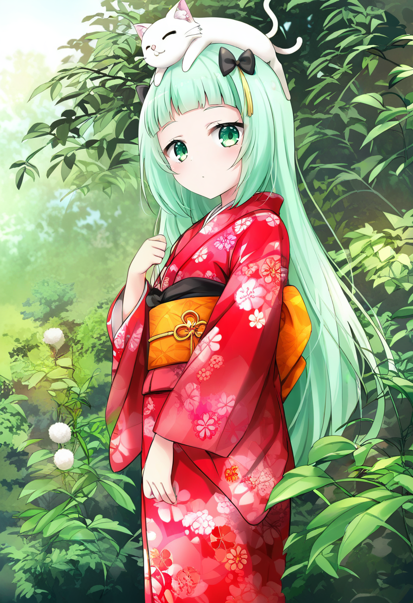 1girl,marimari \(show by rock!!\),show by rock!!,animal on head,blunt bangs,bow,cat,cat on head,cowboy shot,expressionless,floral print,from side,green eyes,green hair,hair bow,hand up,japanese clothes,kimono,leaf,long hair,obi,obiage,on head,outdoors,red kimono,sash,short bangs,sketch,straight hair,orange sash,kappa,dandelion,flower brooch,looking at viewer,print kimono,white cat,bush,obijime,standing,solo,black bow,obidome,flower <lora:caoXL_NBVP1_lokr_V6311PZ:0.95>