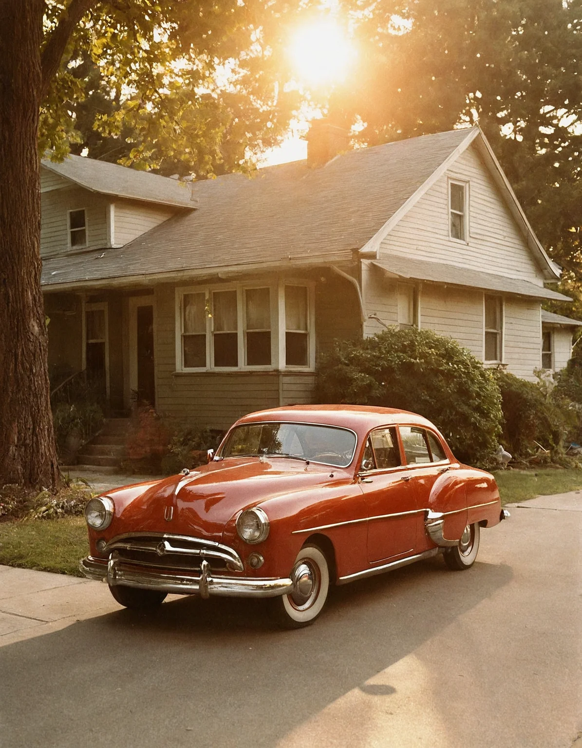 1950's panasonic style, vintage photograph of red car, parked on sidewalk, in front of house, 1940's aesthetic, sun shining in windows and throughout room, warm golden hour light