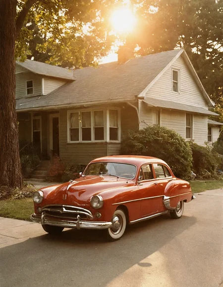 1950's panasonic style, vintage photograph of red car, parked on sidewalk, in front of house, 1940's aesthetic, sun shining in windows and throughout room, warm golden hour light