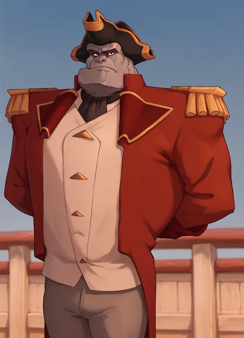 mr arrow, grey skin, white shirt, ascot, 1boy, solo, male focus, red jacket, epaulettes, pants, bicorne,arms behind back, score_9, score_8_up, score_7_up, score_6_up, score_5_up, score_4_up, looking at viewer, cowboy shot, <lora:MrArrowPony1.0-000017:0.8>