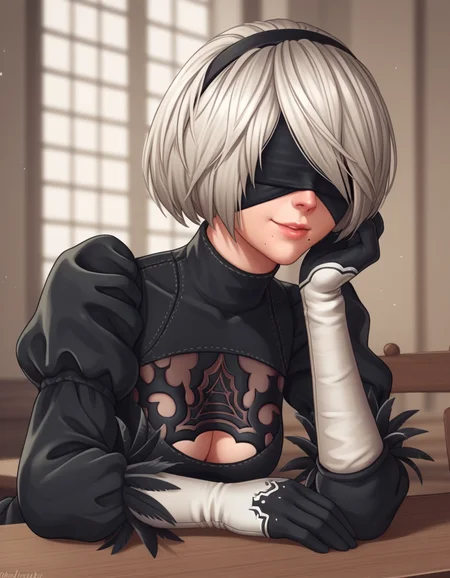 score_9, score_8_up, score_7_up, source_anime, <lora:2b-ingame-ponyxl-lora-nochekaiser:1>, 2b, yorha no. 2 type b, short hair, white hair, hairband, mole, black hairband, mole under mouth, blindfold, covered eyes, black blindfold,, gloves, long sleeves, dress, puffy sleeves, black dress, clothing cutout, cleavage cutout, juliet sleeves, feather-trimmed sleeves,, indoors, smile, looking at viewer, solo, sitting, head rest, table,, cowboy shot, dutch angle