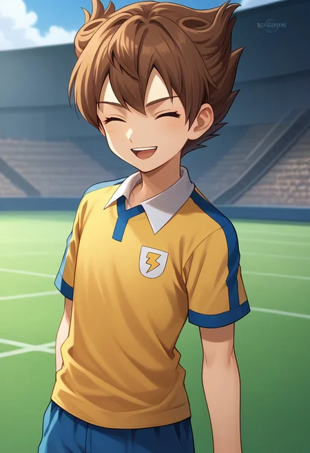 score_9, score_8_up, score_7_up, source_anime, highly detailed, 
tenma, 1boy, male focus, solo, brown hair, closed eyes, open mouth, sportwear, soccer uniform, raimon soccer uniform, raimon, shirt, yellow shirt, short sleeves, shorts, blue shorts, smile, hold, soccer ball. looking at viewer,
outdoor,
