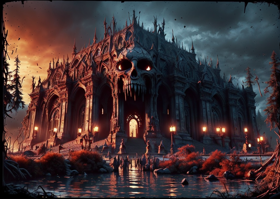 RAW photo, (masterpiece:1.3), subsurface scattering, heavy shadow, (high quality:1.4), (intricate, high detail:1.2), professional photography, HDR, High Dynamic Range, realistic, ultra realistic, photorealistic, high resolution, film photography, ambient lighting, atmospheric effects, <lora:detail_slider_v4:2>, OverallDetail,  DarkFantasy, <lora:Evil:1>, building, cloud, cross, evilrealm, glowing, holding, monster, no humans, outdoors, pine tree, scenery, sky, water, epiCPhoto