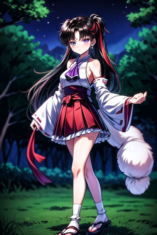 masterpiece,  best quality 1girl Setsun4 solo long hair,  (night time) forest background black hair very long hair purple eyes multicolored hair armor (fur trim) (medium body),<lora:EMS-179-EMS:0.800000>,<lora:EMS-293862-EMS:0.800000>ascot, bare shoulders, black footwear, detached sleeves, embellished costume, frills, japanese clothes, nontraditional miko, red skirt, sandals, sarashi, skirt, socks, white sleeves, white socks, wide sleeves, yellow ascot, zouri, armor, miko