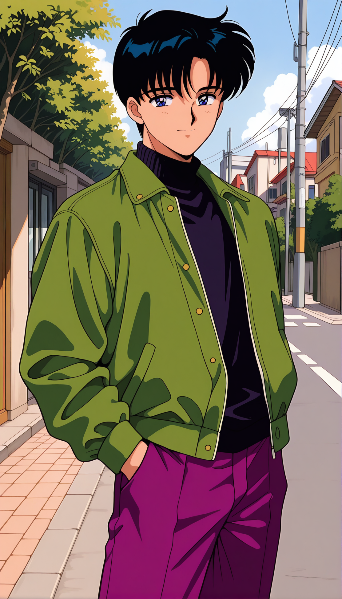 masterpiece,best quality,amazing quality,chibamamoru ill,1boy,solo,1990s \(style\),blue eyes,black hair,short hair,day,cowboy shot,black turtleneck sweater,green jacket,purple pants,smile,street,long sleeves,hand in pocket,<lora:chibamamoru ill:0.8>,
