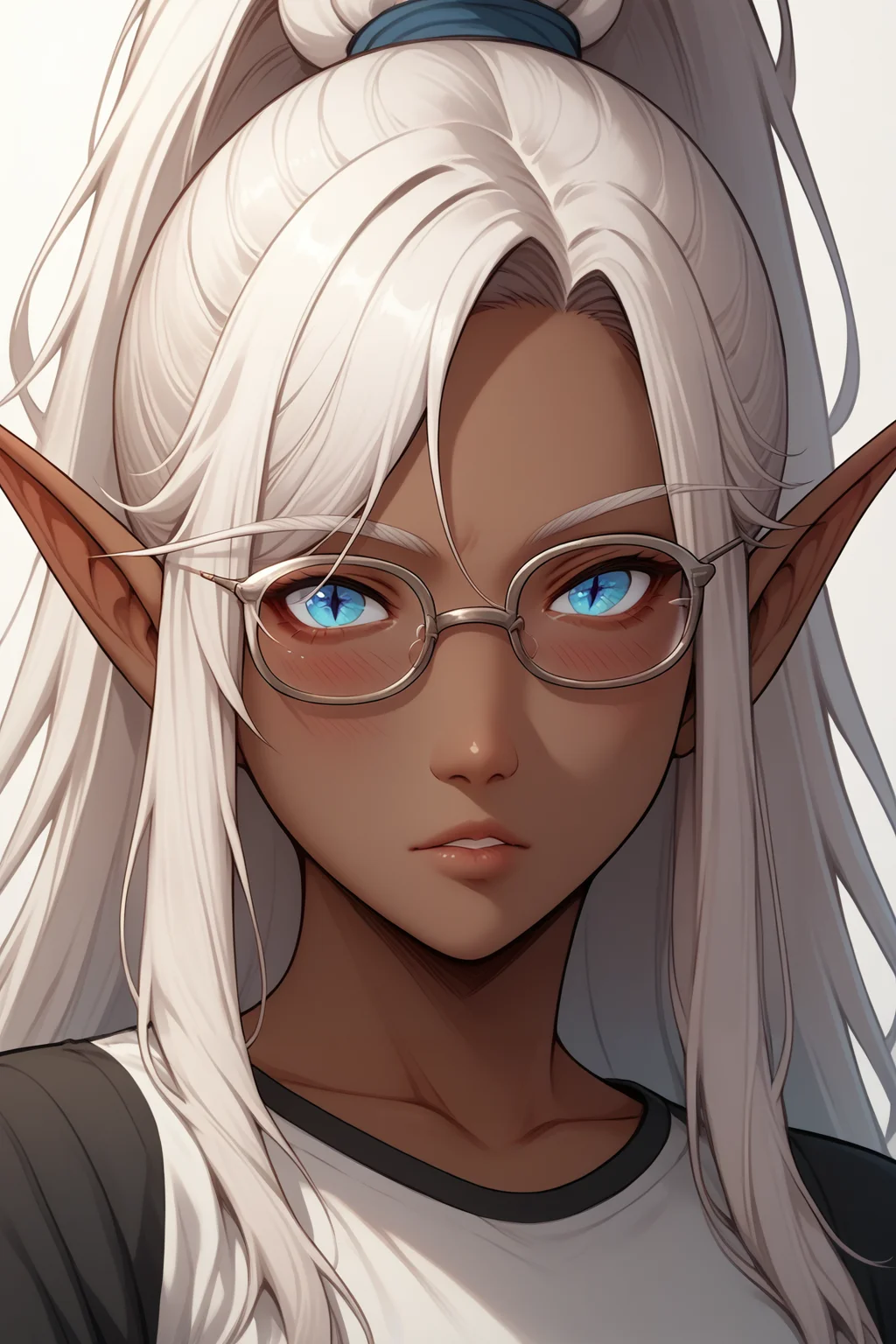 source_anime, score_9, score_8_up, 1girl, solo <lora:NSSindragosaWoW:1> NSSindragosaWoW, high ponytail, long hair, parted bangs, white hair, pointy ears, dark-skinned female, split pupils, white t-shirt, glasses, oval glasses, looking at the viewer, parted lips, pink lips, close-up, pink blush