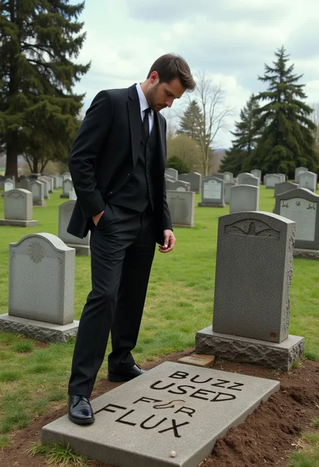 Amateur photography of a man dressed in a black suit standing in a graveyard midday. He's looking down at the ground and very sad. There is a freshly drug grave next to him with letters carved into it. It reads, "BUZZ USED FOR FLUX"