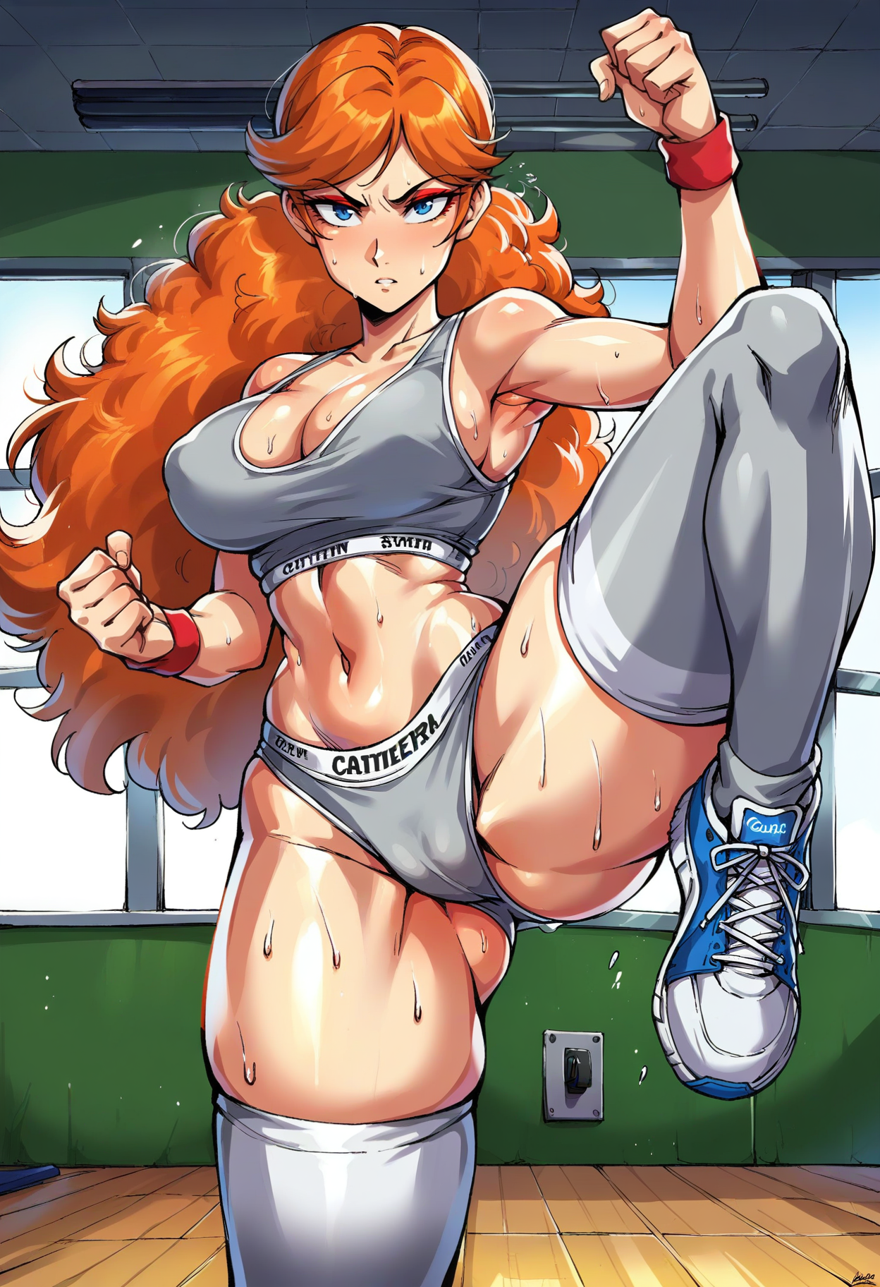 score_9, score_8_up, score_7_up, score_6_up, source_anime, <lora:DBExtraGirl02Pa:0.9>, DBExtraGirl02Pa, blue eyes, very long hair, orange hair, curly hair, red eyeshadow, large breasts, curvy, floating hair,
<lora:CalvinKleinSF:0.8>, CalvinKleinSF, calvin klein, sports bra, underwear, navel, cleavage, midriff, grey panties, wedgie, grey bra, skindentation, grey thighhighs,
expressionless, looking at viewer, kicking, motion blur, sweat, flying kick, 
BREAK indoors, gym,