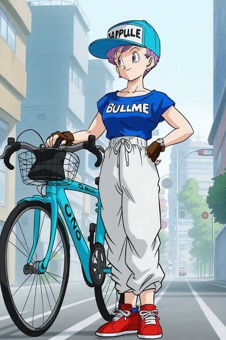 anime screencap, masterpiece, best quality, amazing quality, very aesthetic, absurdres, newest, (scenery, volumetric lighting),
bbulma, dbz, raditz saga, comic, 1girl, solo, smile, very short hair, day, shirt tucked in, dappled sunlight, blue headwear, standing, purple eyes, collarbone, full body, purple hair, short sleeves, earrings, red sneakers, sweatpants, fingerless gloves, character name, hand on hip, looking away, blue shirt, ground vehicle, red footwear, clothes writing, baseball cap, brown gloves, watch, white pants, wristwatch, bicycle, looking at another, looking to the side, print shirt, print headwear, cityscape, road, traffic, car,
<lora:Bulma_XIL:0.8>