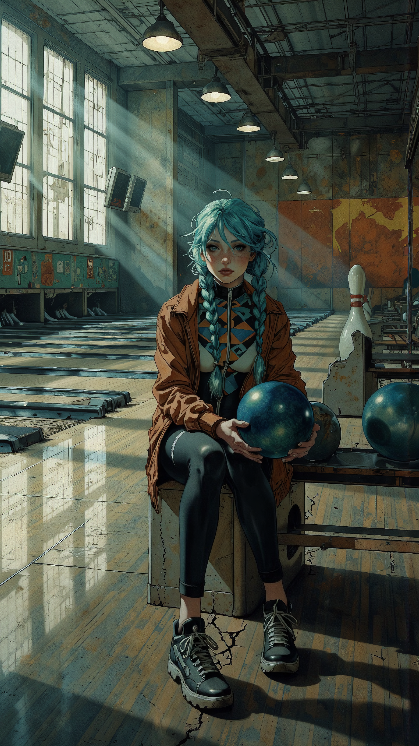 High-resolution anime-style illustration with bold painterly textures, moody atmospheric lighting, and a forgotten, nostalgic tone. A stylish young woman sits alone on a cracked plastic seat in an abandoned bowling alley, her gaze distant and lost in thought. The dim, dust-filled air is illuminated only by faint streaks of pale daylight filtering through grime-covered windows, casting long shadows over the empty lanes.
Her long, electric-blue hair is styled into twin braids, a few loose strands framing her face. She wears a cropped, worn-out bomber jacket over a form-fitting bodysuit with bold geometric patterns, paired with high-waisted leggings and scuffed sneakers. One hand rests on her knee, the other lazily gripping a bowling ball, fingers trailing over its smooth, dusty surface.
The once-lively bowling alley is now frozen in timeâfaded score monitors hang lifeless above the lanes, the return system filled with forgotten balls, and a torn carpet curling at the edges. A single pin stands eerily at the end of a dusty lane, untouched. The silence is thick, broken only by the occasional creak of the old wooden floors, as if the ghosts of the past still linger in the abandoned space. <lora:Anime_Art_V3:0.7000000000000001> <lora:Dorota_Pietrowiak:0.9> <lora:Ayanna_Sketch_Style-000001:0.8>