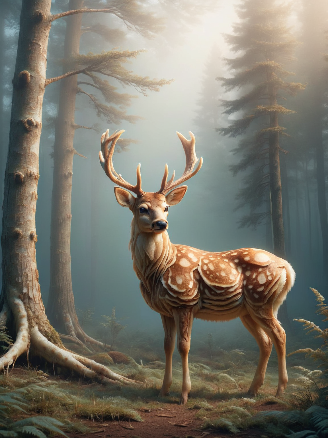 A serene ais-pncks deer looking up from grazing in a misty forest clearing at dawn <lora:ais-pncks-sdxl:1>