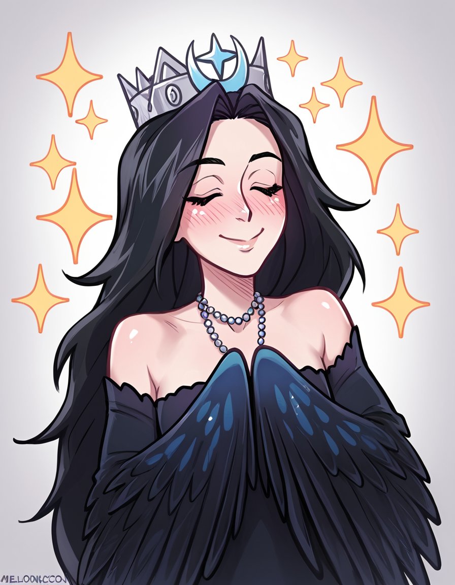score_9, score_8_up, score_7_up, score_6_up, melkormancin-dh BREAK, 1girl, solo, long hair, blush, smile, black hair, closed eyes, necklace, black dress, sparkle, crown, monster girl, :>, harpy, winged arms  <lora:Sirin:0.7> <lora:add-detail-xl:0.3> <lora:Artist_Style_-_Melkor_Mancin_Romulo_Mancin_Style_PDXL:0.8>