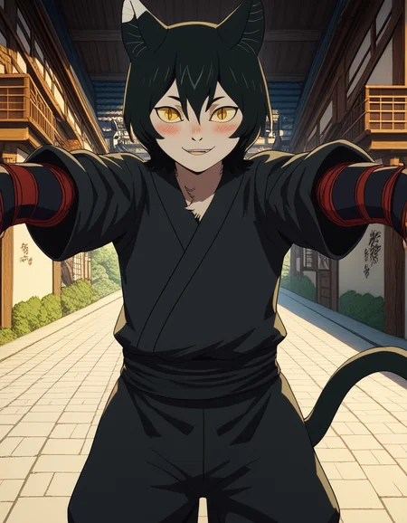 score_9, score_8_up, score_7_up, source_anime, <lora:izutsumi-s1-ponyxl-lora-nochekaiser:1>, izutsumi, black hair, animal ears, tail, yellow eyes, cat ears, cat tail, cat girl, slit pupils,, japanese clothes, gauntlets, ninja, black shirt, black pants,, village, houses, community, rural, farms, , <lora:incoming-hug-ponyxl-lora-nochekaiser:1>, incoming hug, looking at viewer, reaching, reacing towards viewer, outstretched arms,, bedroom, smile, blush, parted lips, looking at viewer, solo,, dutch angle, cowboy shot