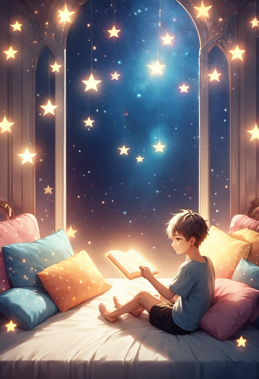 <lora:Dreamstar_Pony:1>,
Masterpiece, score_9, score_8_up, dreamstar, 1boy, young boy reading a glowing book, sitting on a bed with a star-shaped pillow, cat curled next to him, soft glowing stars floating around the room, cozy and peaceful bedroom, source_anime, warm lighting, night setting, magical atmosphere, detailed background, gentle smile