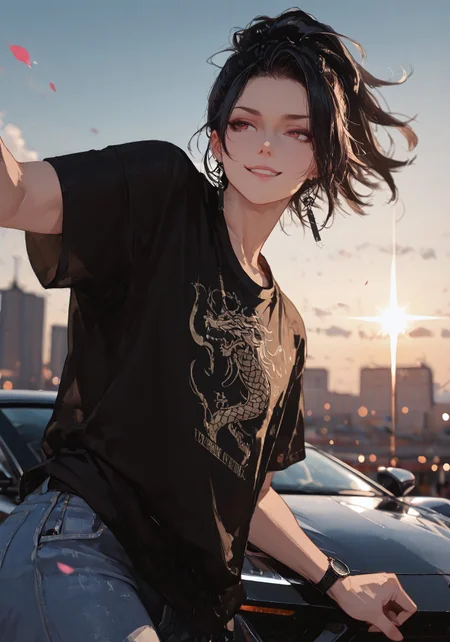 masterpiece, best quality, good quality, very aesthetic, absurdres,
newest, 8K, depth of field, focused subject,visual storytelling,dynamic composition,
close up, stylized, scenery, bokeh,blurred background,
Black Myth Wukong, male sun wukong,
chinese mythology,( dynamic pose:1.3), smirking face,
upper body focus,
casual clothes, wearing luxurious jeans and luxurious black t-shirt with gothic design, expensive black watch
windblown hair,
dramatic sky, celestial clouds, floating mountains, mythic scale, sakura petals, mystic mist,
cinematic composition, backlighting, volumetric light, vegas city scene, symbolic environment, god-tier illustration,(sketch:1.3), laying on a lamborghini aventador with spoiler and body kit (car is black, chrome carbon fiber details), kicking pose