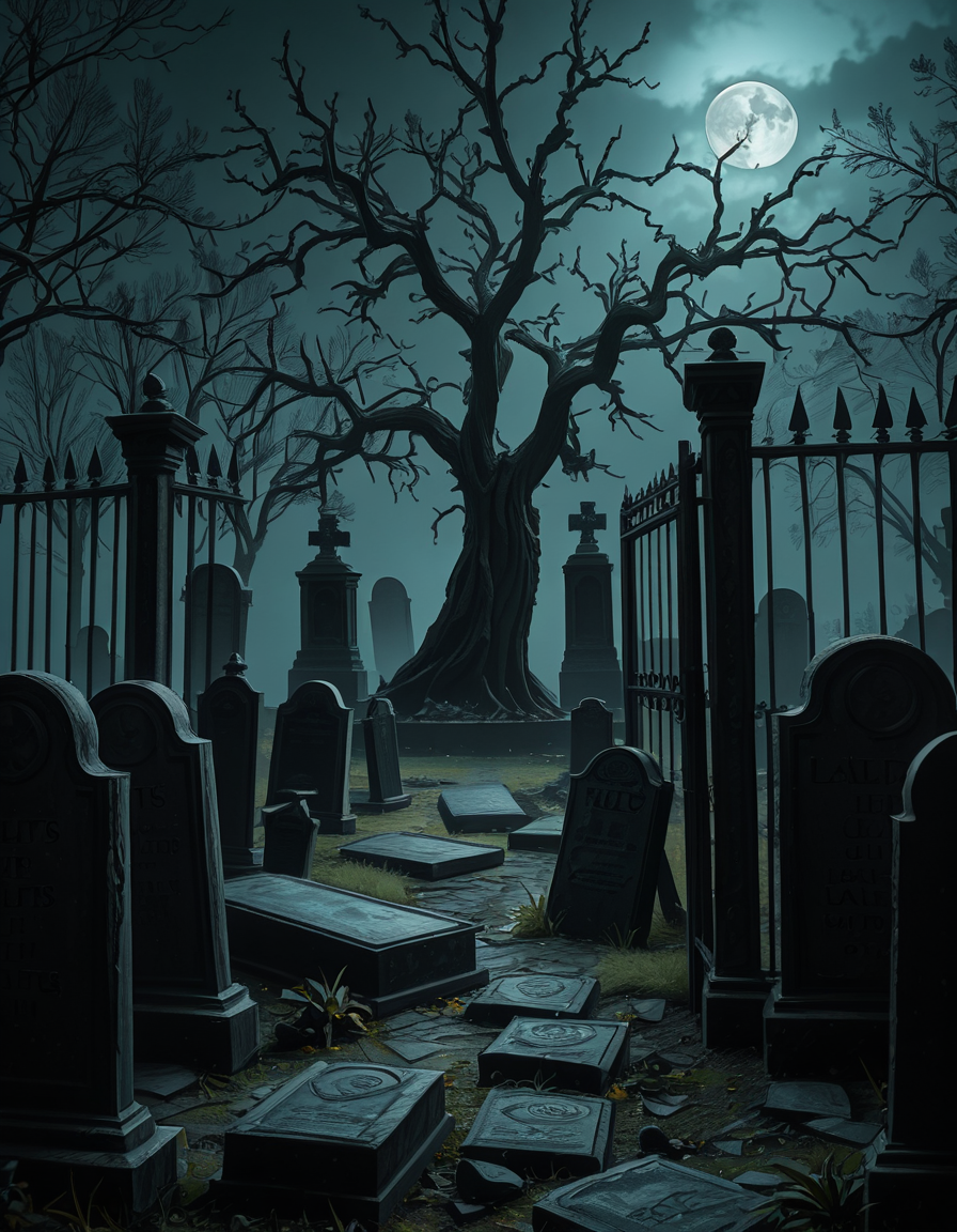 A dark and eerie cemetery shrouded in mist, with ancient, weathered tombstones covered in moss. The scene is dimly lit by a pale, ghostly moonlight filtering through twisted, leafless trees. Cracked stone pathways lead through the graveyard, partially hidden by overgrown grass and creeping ivy. A few old, gothic-style mausoleums stand in the background, their iron gates slightly ajar, adding to the mysterious and haunting atmosphere. Wisps of fog swirl around the gravestones, enhancing the eerie mood. The overall color palette consists of deep blues, grays, and muted greens, creating a cold and unsettling ambiance. The image is highly detailed and photorealistic, capturing the textures of the aged stone, the fogâs movement, and the ominous shadows stretching across the ground. 
<lora:SDXLFaeTastic2400:0.4> <lora:extremely_detailed:0.4> extremely detailed,<lora:33r13_c3m3t3ry-ill:1>,33r13 c3m3t3ry, Masterpiece,best quality,hi res,8k,hi res,8k,award winning,(sharp focus, intricate, highly detailed),