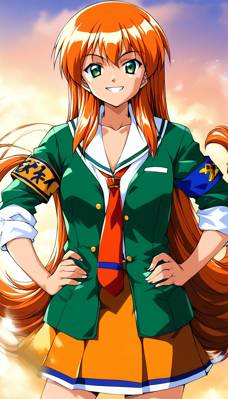 score_9, score_8_up, score_7_up, source_anime, rating_explicit, BREAK  <lora:Akai_Homura_XL:1> Akai_Homura, very long hair, green eyes, orange hair,
solo, skirt, 1990s (style), orange skirt, necktie, smile, school uniform, green jacket, sleeves rolled up, looking at viewer, hands on hips, jacket, shirt, armband, 
day, sky,