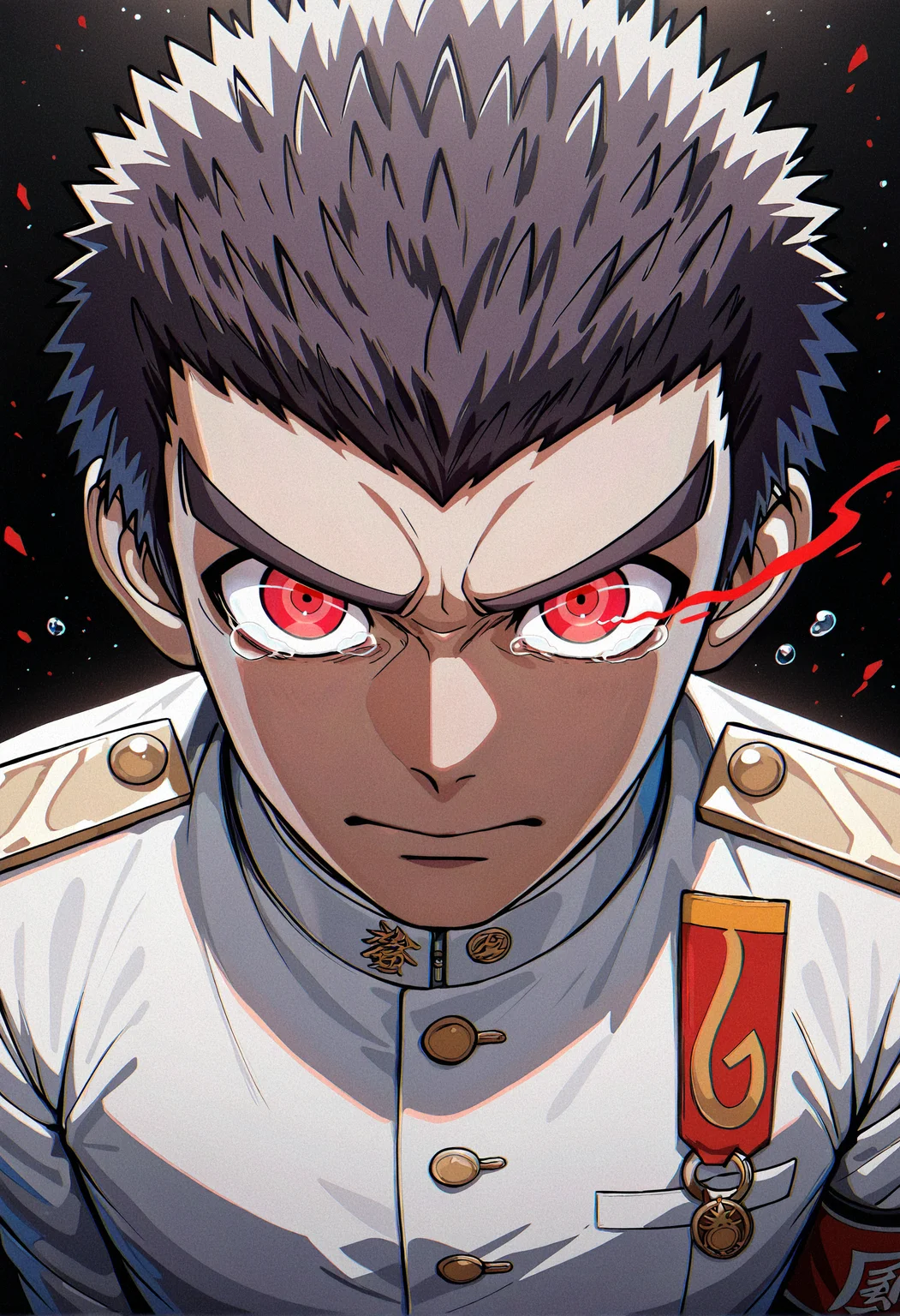 artist:, masterpiece, best quality, newest, absurdres, highres, very awa, 1boy, male, male focus, bara, ishimaru kiyotaka, white gakuran, red armband, solo, straight-on, looking at viewer, glowing eyes, eye trail, tearing up, abstract, black background, simple background