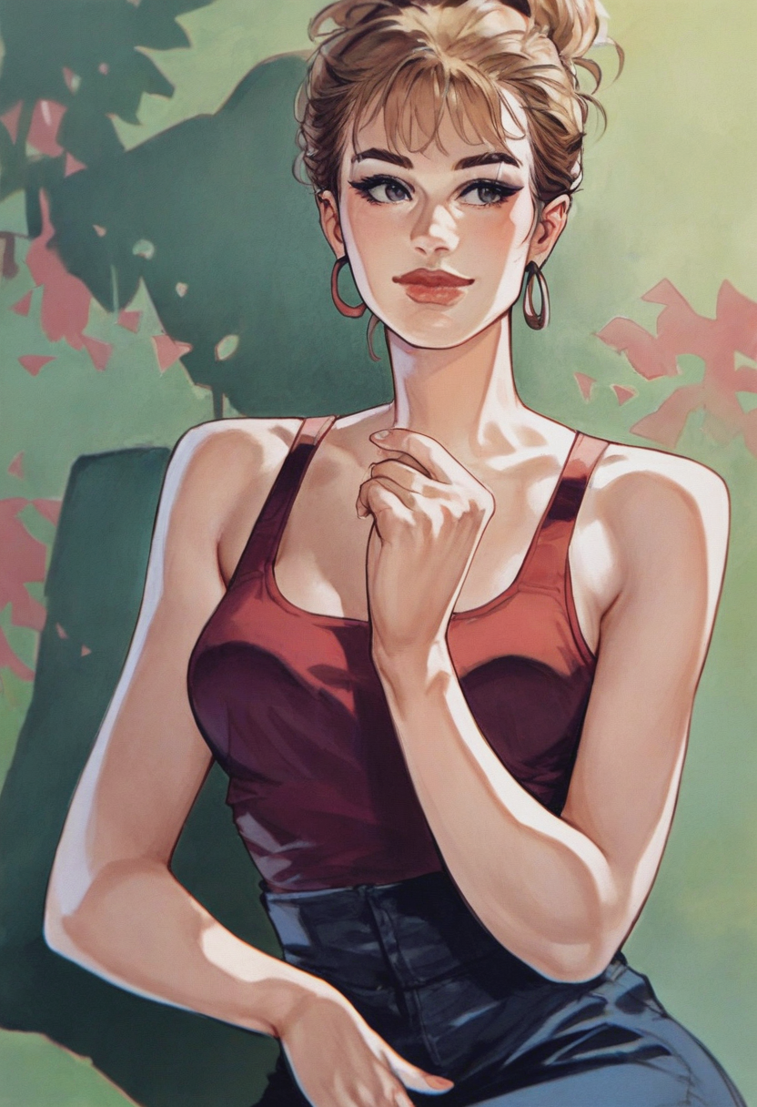 source_cartoon, score_9, score_8_up, score_7_up, 1girl, solo, Sitting with one hand on the waist, atmospheric perspective, upper body, rating_safe, <lora:sdxl\pony diffusion\artist_styles\horacio_altuna_pony:1.0>