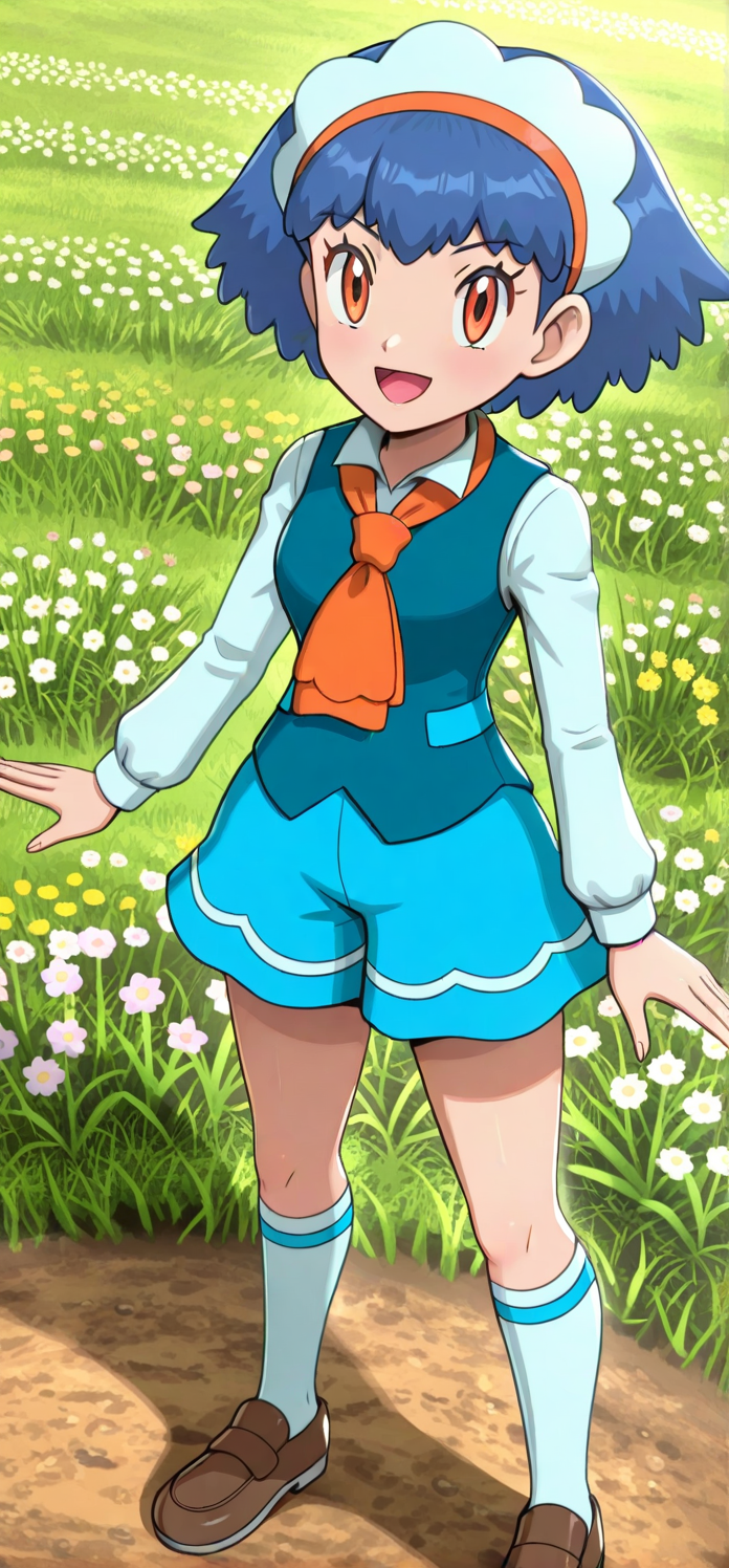 [hinosaki, pokemoa, gonzarez], 2d, masterpiece, best quality, amazing quality, 1girl, solo, close-up, standing, open mouth, smile, looking at viewer, meadow, ,xymiette, miette \(pokemon\), orange eyes, blue hair, short hair, headdress, vest, collared shirt, long sleeves, skirt, orange necktie, kneehighs, white socks, loafers, brown footwear