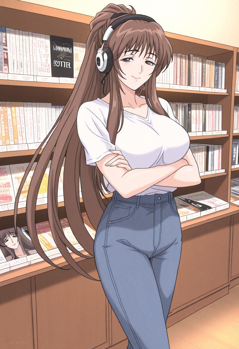 masterpiece, best quality, newest, highres, uncensored, 1girl, yokota mamoru style,1girl, slender face，motion lines,Kasatani Youko OVA,long hair, brown hair, long curtain hair bangs, (high ponytail hairstyle), black eyes pupil, clear eyes pupils, clear face,Ankle Length hair, Brown hair, Straight hair,blakc skin,Slim,look at the viewer,torogao,seductive face,
music store, browsing records, headphones, vinyl collection, nostalgic, , , crossed arms, smile, smug,blue jeans solo,, cowboy shot, dutch angle