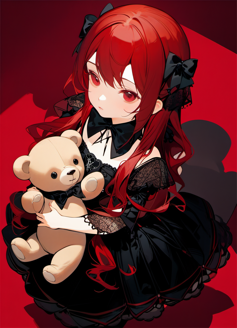 red background, close up, masterpiece, best quality, solo, red hair, 
1girl holding teddy bear, from above, cute, gothic dress, looking at viewer, pixiv, depth of field