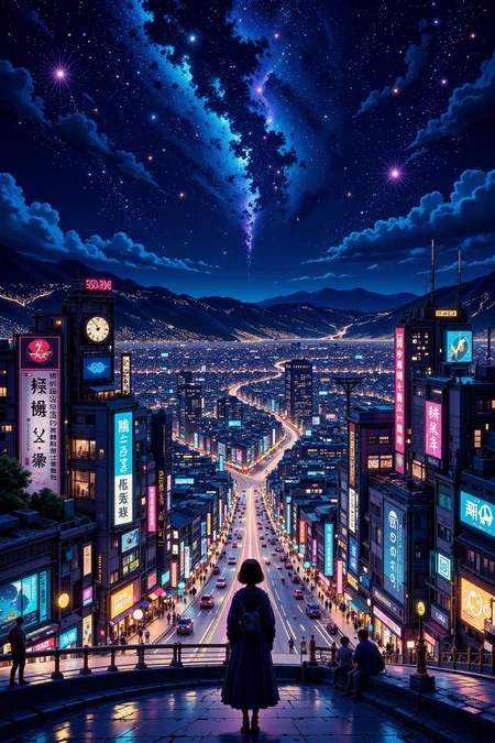 japanese city beautiful  landscape, bright luminous starry night, woman, very intricate, very detailed, sharp, bright, colorful, <lora:Hand v2:0.5> <lora:Anti-Blur:1><lora:Insane Detail Slider:0.25>  <lora:flux.1_lora_flyway_Epic-detail_v2:0.3> <lora:fluxenhancer:0.25> <lora:ck-Neon-Retrowave:0.4> ck-rw, in the style of ck-rw,  <lora:Neurocore Anime Cyberpunk:0.8> A digital artwork in the style of cknc