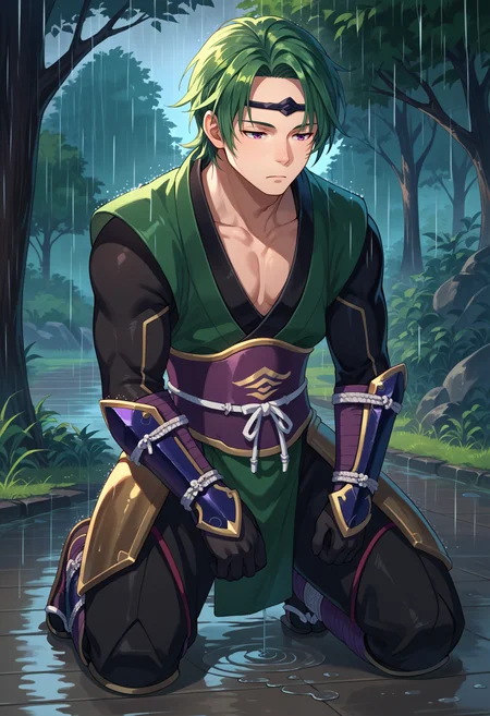 score_9, score_8_up, source_anime, 1boy, kneeling, expressionless, half-closed eyes, <lora:KazeFE-pdxl:1> kaze, green hair, circlet, purple eyes, collarbone, ninja, bracer, black gloves, sash, greaves, tabi, armor, rain, pectorals, outdoors, puddle, tree