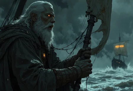 A bearded Viking is gripping the prow of a Viking ship, calling out fervently to Odin. The ship sails through a dark, foggy sea, with visibility reduced to almost nothing. The thick mist envelopes the scene, adding an eerie and mysterious atmosphere. The Viking's powerful voice and desperate call to the gods echo through the gloom, capturing the intensity and drama of the moment.