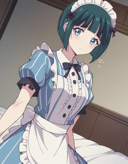 score_9, score_8_up, score_7_up, source_anime, <lora:shiragiku-ono-s1-ponyxl-lora-nochekaiser:1>, shiragiku ono, short hair, bangs, blue eyes, green hair, blunt bangs, bob cut,, dress, bow, short sleeves, frills, striped, apron, maid, maid headdress, blue dress, waist apron, white apron, vertical stripes, indoors, bed, bed room, on side, blush, drunk, looking at viewer, solo,, cowboy shot, dutch angle