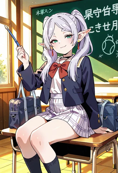 masterpiece,best quality,amazing quality,very aesthetic,absurdres,newest, skirt, bag, pointy ears, , socks, earrings, school bag, holding, jewelry, school uniform, detaioled background, red bow, blackboard, smug face,
frieren,dark blue jacket, checkered skirt, classroom, she sit on a desk, panty peek:1.2, she lift her skirt hem
Yamashita_shunya_STYLE,