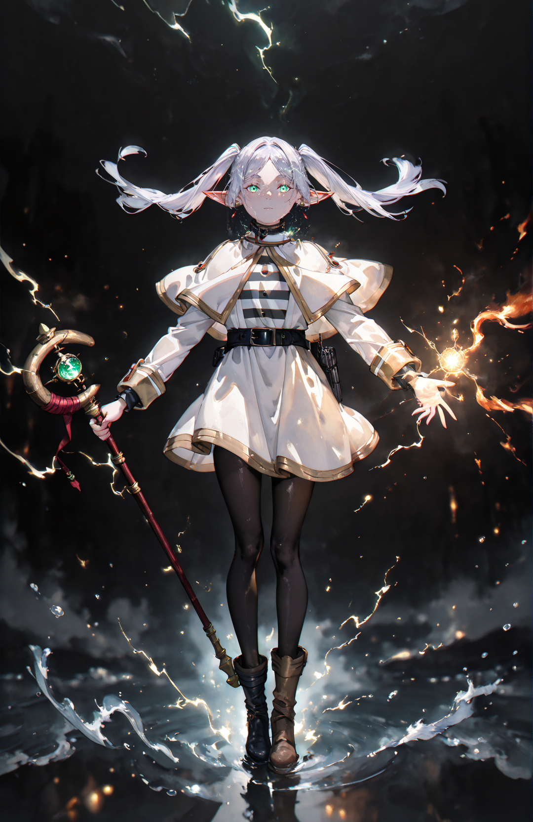 perfect quality,high quality,masterpiece,best quality,amazing quality,very aesthetic,absurdres,Cinematic Lighting,newest,Tactical use of shadow,from_side,fisheye,wide_shot,depth of field,
FrierenCyql,1girl,elf,pointy ears,twintails,staff,solo,holding staff,capelet,pantyhose,holding,white capelet,mage staff,long hair,looking at viewer,black pantyhose,boots,earrings,jewelry,white hair,full body,green eyes,belt,long sleeves,dress,glowing,floating hair,white dress,striped clothes,parted bangs,striped shirt,(magic:1.2),standing,skirt,shirt,water,black belt,closed mouth,glowing eyes,dangle earrings,black footwear,white skirt,black background,reflection,(casting spell:1.3),fire,brown footwear,gold trim,(outstretched_arms:1.3),(spread arms:1.3),
<lora:spo_sdxl_10ep_4k-data_lora_webui:0.6>,<lora:Frieren_Illustrious by Cyql:1>,<lora:Aura_r1:0.6>,colorful,electricity,<lora:GBF_Illustrious:0.7>,gbf_style,<lora:EtherSDXL:0.5>,EtherStyle,<lora:holographiccolor:0.5>,qxys,<lora:ILwatercolor:1>,Watercolor,