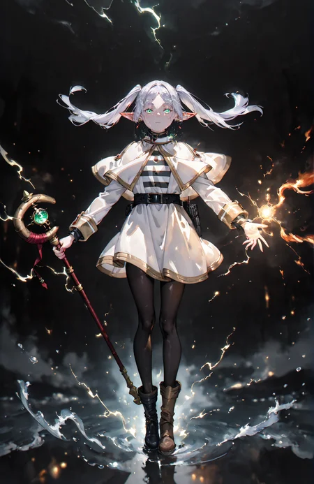 perfect quality,high quality,masterpiece,best quality,amazing quality,very aesthetic,absurdres,Cinematic Lighting,newest,Tactical use of shadow,from_side,fisheye,wide_shot,depth of field,
FrierenCyql,1girl,elf,pointy ears,twintails,staff,solo,holding staff,capelet,pantyhose,holding,white capelet,mage staff,long hair,looking at viewer,black pantyhose,boots,earrings,jewelry,white hair,full body,green eyes,belt,long sleeves,dress,glowing,floating hair,white dress,striped clothes,parted bangs,striped shirt,(magic:1.2),standing,skirt,shirt,water,black belt,closed mouth,glowing eyes,dangle earrings,black footwear,white skirt,black background,reflection,(casting spell:1.3),fire,brown footwear,gold trim,(outstretched_arms:1.3),(spread arms:1.3),
<lora:spo_sdxl_10ep_4k-data_lora_webui:0.6>,<lora:Frieren_Illustrious by Cyql:1>,<lora:Aura_r1:0.6>,colorful,electricity,<lora:GBF_Illustrious:0.7>,gbf_style,<lora:EtherSDXL:0.5>,EtherStyle,<lora:holographiccolor:0.5>,qxys,<lora:ILwatercolor:1>,Watercolor,