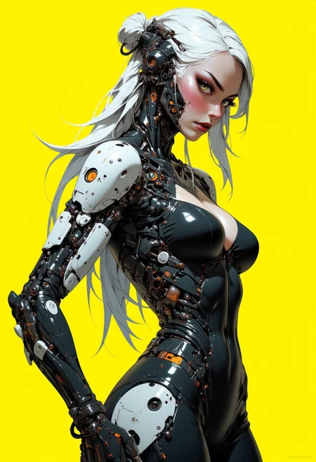 digital artwork of a futuristic, cyberpunk-styled female android with pale skin, long white hair, and large, expressive eyes. She wears a form-fitting, high-tech bodysuit with exposed, intricately designed mechanical parts, revealing ample cleavage. The background is a solid, bright yellow, contrasting with her monochromatic attire. The lighting is even, highlighting her sleek, metallic textures. The image is a close-up, side profile, emphasizing her elegant, yet robotic appearance.