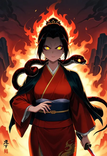 masterpiece,best quality,amazing quality, absurdres, Classical Chinese Brush and Ink, Chinese letter 蛇, 1girl, Azula, burning eyes, glowing eyes, holding katana, ready to attack, kimono, snake, snake on shoulders, upper body, angry, burning blade, engulfed in hellfire, hell background, Sinoink, minimalist, snake leaping towards viewer