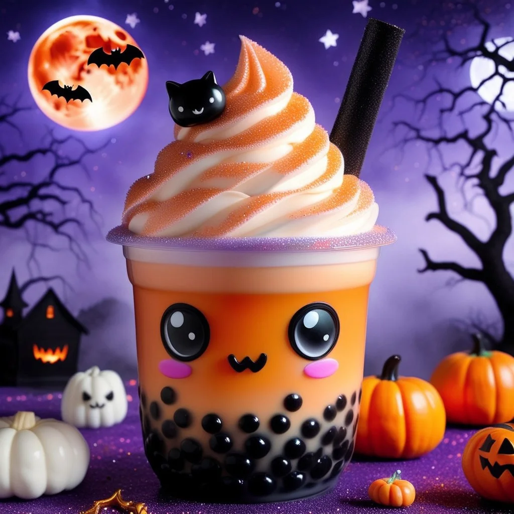 bubble tea,big kawaii anime eyes, blush stickers, pumpkin,jack o lantern, halloween themed,black bats, :3, bubble tea, whipped cream on top, blurry, solo, moon, rainbow,orange and black glitter on top
