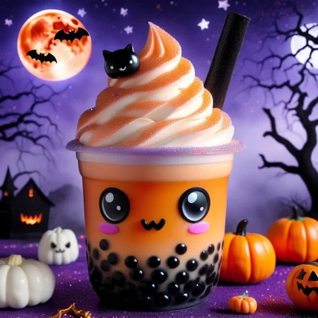 bubble tea,big kawaii anime eyes, blush stickers, pumpkin,jack o lantern, halloween themed,black bats, :3, bubble tea, whipped cream on top, blurry, solo, moon, rainbow,orange and black glitter on top