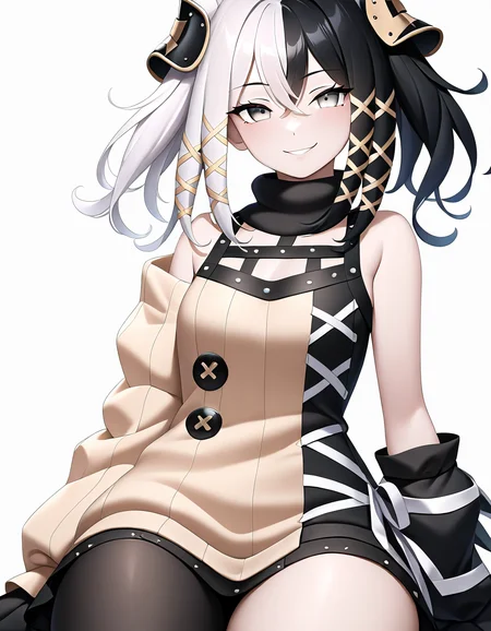 juesijueming,1girl,solo,looking at viewer,simple background,white background,multicolored hair,cowboy shot,<lora:juesi-000012:1>,sitting,smile,, masterpiece, best quality, very aesthetic, absurdres,newest, incredibly absurdres,