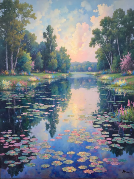 Claude Monet, Water Lilies,
The image shows a pond covered with water lilies, reflecting the sky and trees around it. Soft colors blend together as the lilies float on the water, creating a peaceful and serene scene.
water lilies, pond, reflection, sky, trees, soft colors, peaceful, serene