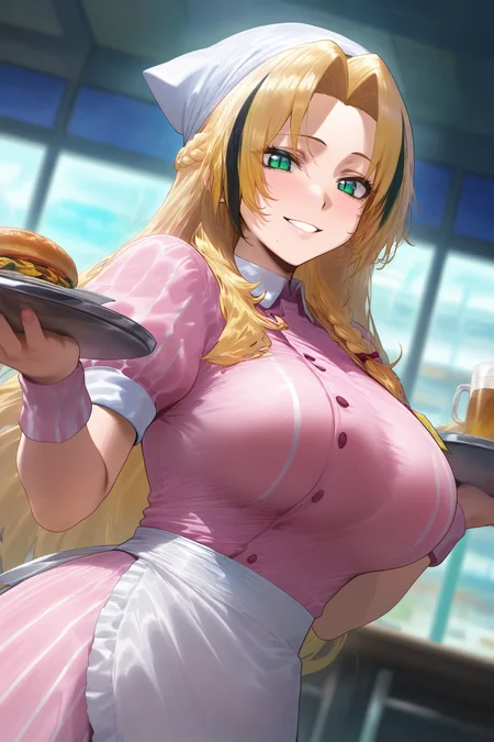 masterpiece,best quality,amazing quality,very aesthetic,(absurdres:1.1),newest, 1girl, solo, Koganei Niko, green eyes, slit pupils, multicolored hair, blonde hair, black hair, long hair, side braid, parted bangs, white headwear, waitress, collared dress, pink dress, striped dress, frills, waist apron, white apron, short sleeves, holding tray, indoors, diner, smile, mikayori, masterpiece, best quality, good quality, newest