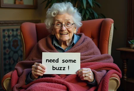 grandma sat on a chair,blanket, holding a sign say "need some buzz"