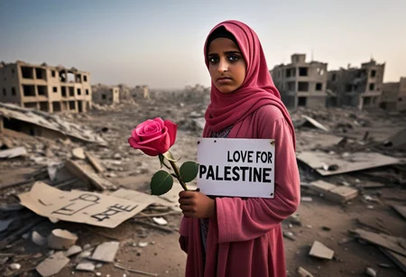 Create powerful, emotionally impactful portraits in a photojournalistic style. The scene shows a young girl in a hijab and pink robe, holding a sign that says "Love For Palestine" and a wilting red rose. The backdrop is a vast, desolate landscape composed of destroyed buildings and war debris, stretching as far as the eye can see. The atmosphere is somber, with muted colors and high contrast to emphasize the emotional weight of the scene. The textures should be very detailed, from the girl's clothes to the surrounding debris. The image should convey a strong humanitarian message, focusing on the resilience and hope of young girls amidst destruction. Rendered in 4K resolution for maximum clarity and impact.