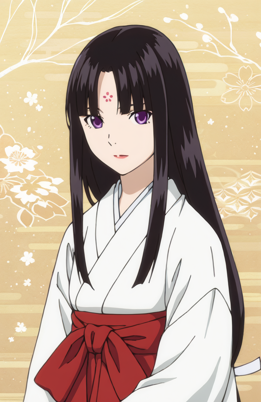 TsuyuMich. 1girl, black hair, long hair, purple eyes, looking at viewer, upper body, japanese clothes, kimono, miko, hakama skirt
