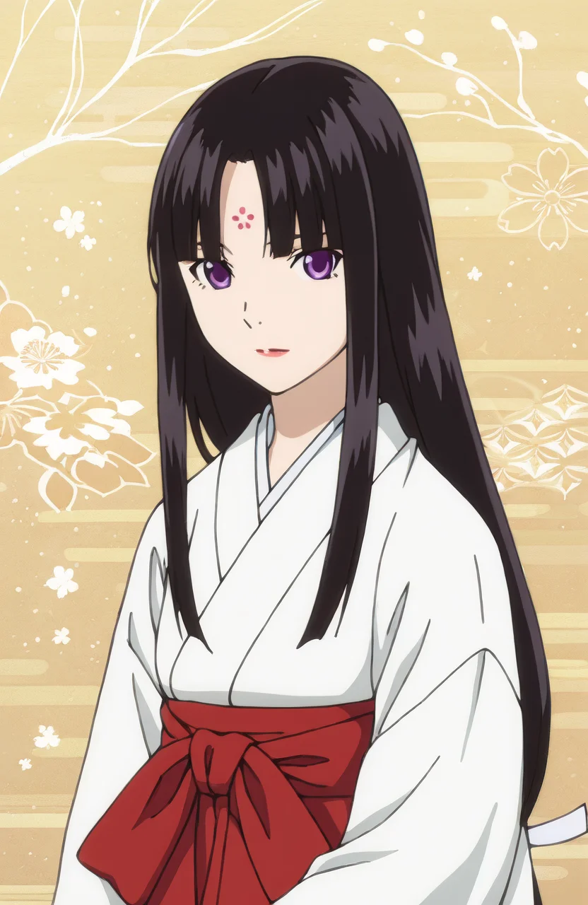 TsuyuMich. 1girl, black hair, long hair, purple eyes, looking at viewer, upper body, japanese clothes, kimono, miko, hakama skirt
