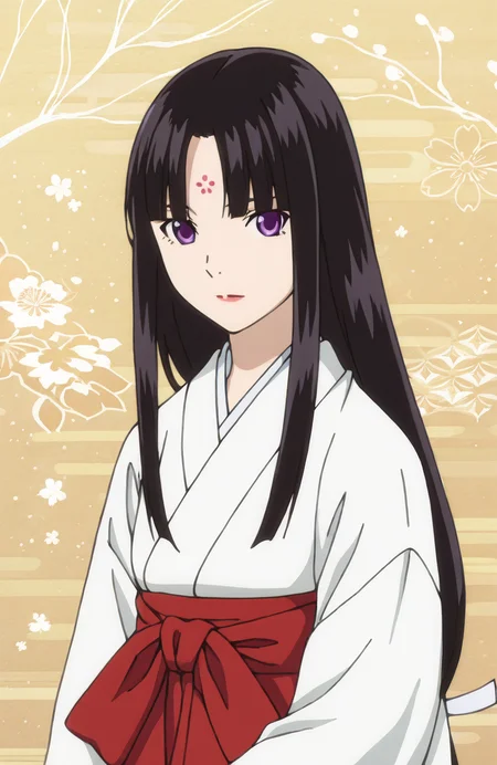 TsuyuMich. 1girl, black hair, long hair, purple eyes, looking at viewer, upper body, japanese clothes, kimono, miko, hakama skirt