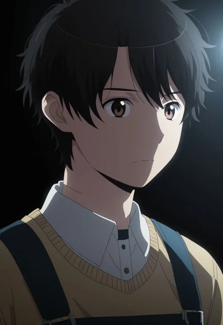 high resolution, solo, best quality, 1Boy, Inaho Kaizuka, Black Hair, Brown Eyes, cool, Mysterious black background, Movie lighting, a sense of atmosphere, OverallDetail