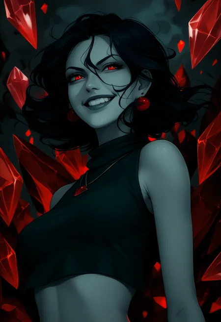 score_9, score_8_up, score_7_up, source_anime, csmisery, <lora:cs_misery:1>, turtleneck, crop top, head shot, medium view, evil smile, parted lips, red crystal background