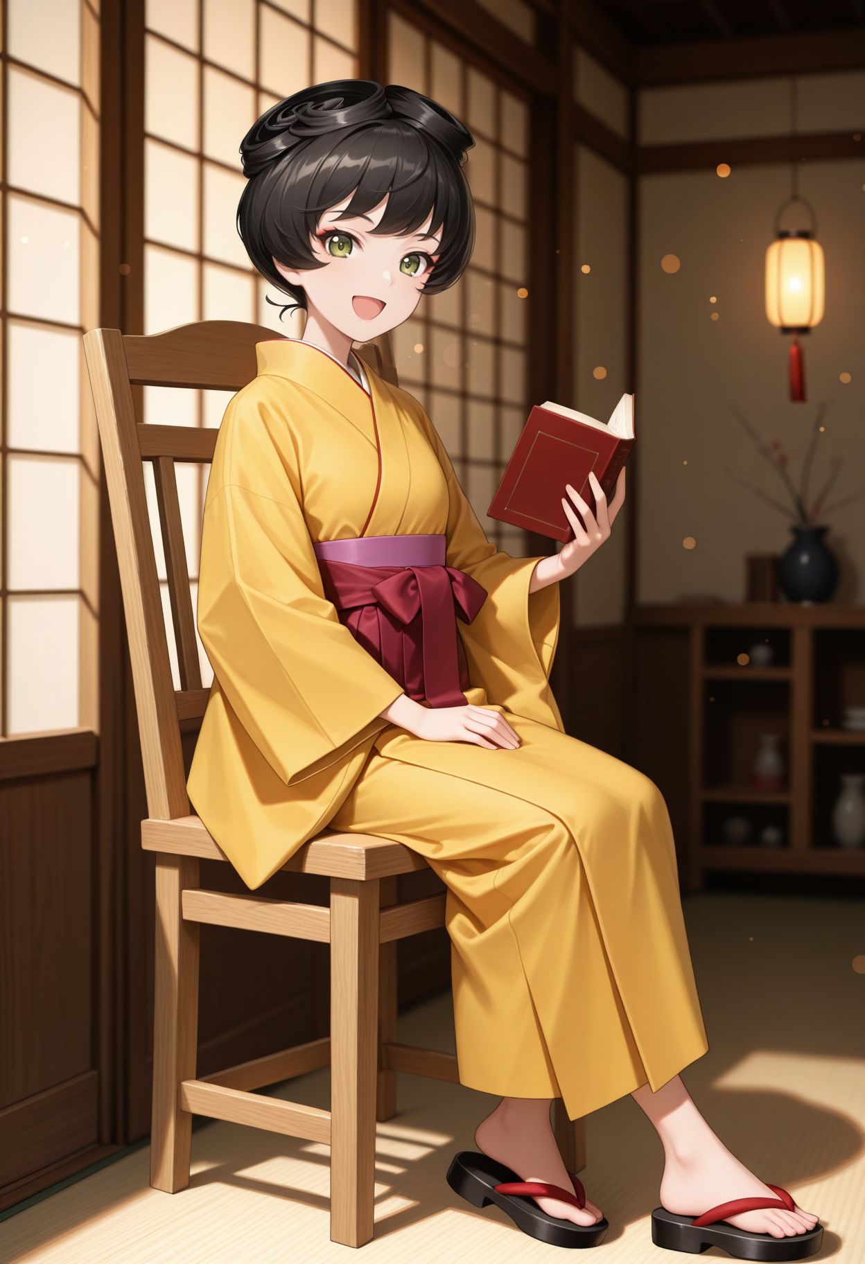 masterpiece,best quality,absurdres,highres,very aesthetic,high quality,detailed,insanely detailed,beautiful,perfect lighting, ,depth of field,blurry background,bokeh, looking at viewer,
 <lora:Hosomi Shizuko  illu:1>1girl, japanese clothes, yellow kimono, sitting, short hair, holding book, smile, open mouth, green eyes, sandals, wooden chair, goggles on head, black hair, long sleeves, on chair, :d, full body, wide sleeves, looking at viewer