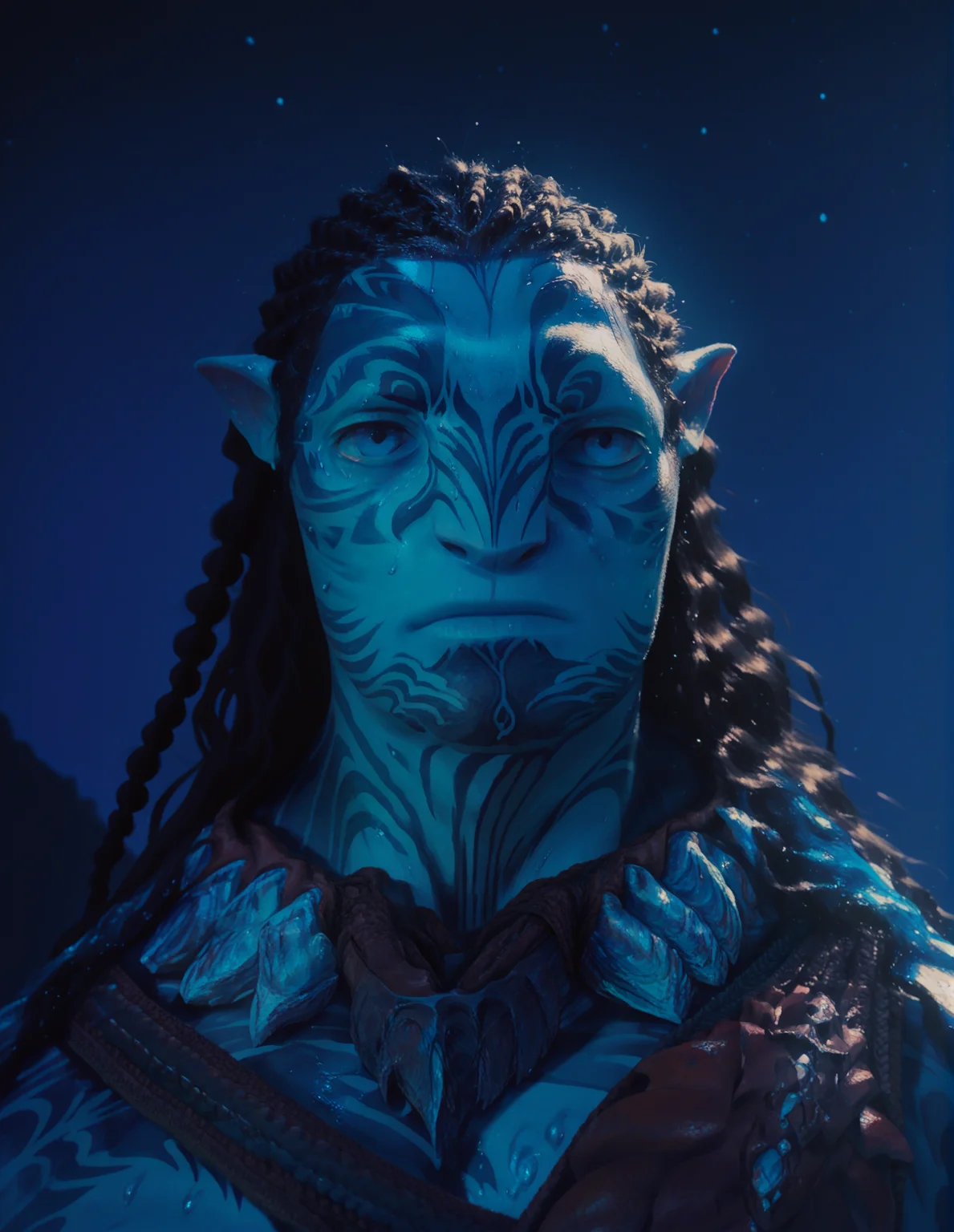 <lora:Tonowari:1> tonowari, solo, 1boy, blue skin, blue eyes, wet hair, hyper detailed, ultra sharp focus, night, dark, portrait, score_9, score_8_up, score_7_up, score_6_up, 2d, digital art, masterpiece, <lora:sinfully_stylish_PONY_0.2:0.3> dramatic lighting <lora:incase-ilff-v3-4:0.3> <lora:Expressive_H:0.3> expressiveh <lora:g0th1cPXL:0.3> g0th1cpxl