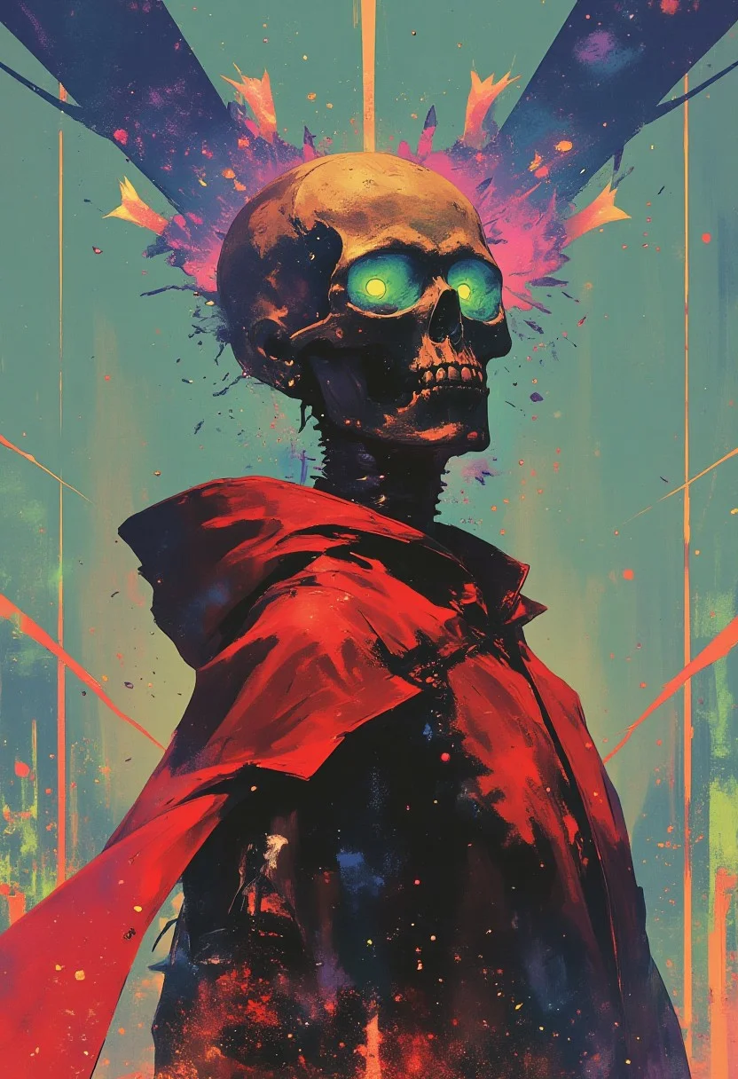 **(highly detailed digital artwork:1.3, surrealism:1.3, abstract expressionism:1.3) depicting a (human figure:1.3) with a (skull head:1.4), draped in a (flowing, tattered red robe:1.3) and (hooded crimson cloak:1.3).** The (skull:1.3) is (textured:1.3, weathered:1.3) with (glowing toxic green eye sockets:1.3), appearing (menacing:1.3, ethereal:1.3). The (robe and cloak:1.3) are (tattered:1.3, wind-swept:1.3), with (jagged, flame-like edges:1.3) that seem to (shift and distort:1.3) as if (burning in neon flames:1.3).
The (background:1.3) is a (chaotic swirl:1.3) of (radioactive blues:1.3, electric purples:1.3, and acid greens:1.3), creating a (psychedelic, otherworldly void:1.3). (Jagged neon cyan beams:1.3) radiate from behind the figure, casting (dramatic, high-contrast highlights:1.3) across the (skull’s surface:1.3) and (flowing fabric:1.3). The (cloak’s folds:1.3) catch the (neon light:1.3), giving it a (glowing, spectral quality:1.3).
The (composition:1.3) is (intense:1.3, striking:1.3), with the (figure's posture:1.3) exuding (power:1.3, ominous presence:1.3). The (style:1.3) is (hyper-stylized:1.3, exaggerated:1.3), with a (focus on bold, clashing colors:1.3) and (distorted visual elements:1.3). The (mood:1.3) is (haunting:1.3, apocalyptic:1.3), evoking (a surreal, nightmarish vision:1.3). The (artist’s signature:1.3) is (subtly integrated:1.3) into the (chaotic energy lines:1.3) running through the background.